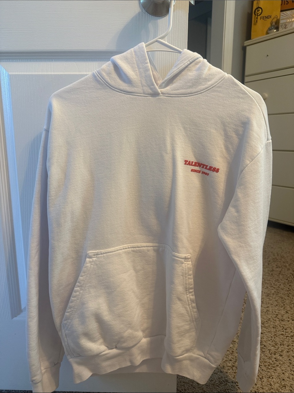 TALENTLESS White Hoodie with Red Logo